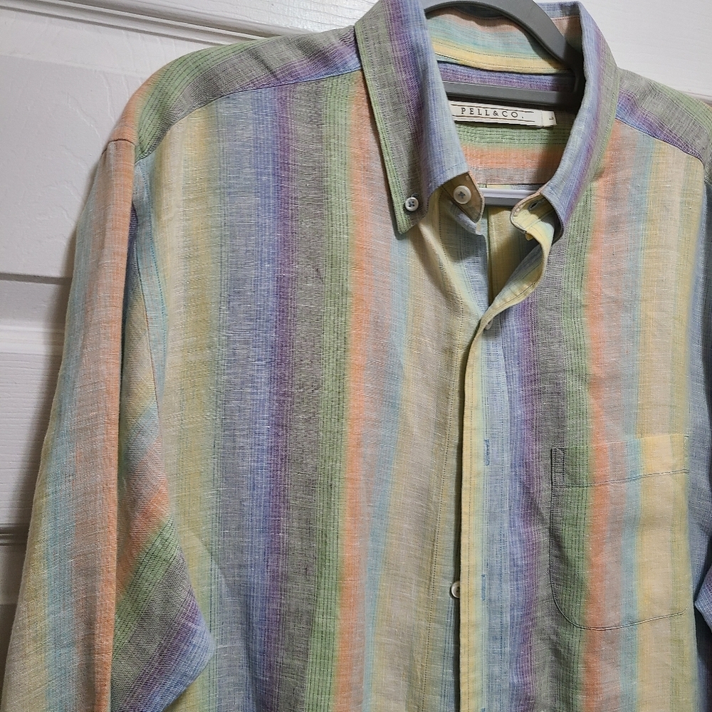 Pell & Co Button Down Collar Linen Shirt Men's Large Pastels Stripes EUC‎